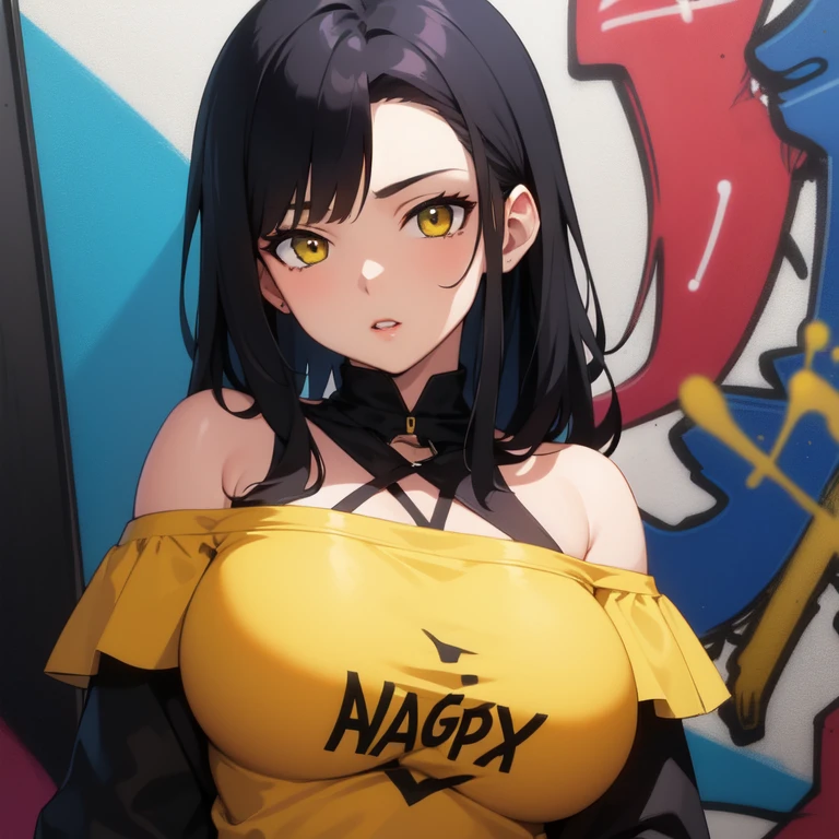 1girl, black hair, braided hair, yellow eyes, open shirt, very long hair, breasts, in bed, best quality, blushing, rolling eyes, looking at the audience, teacher, big tits temptation, busty body, 8K, open chest, fingers over nipples, holding breasts, grabbing breasts tightly, tattoos, exposed navel, loose bomber jacket