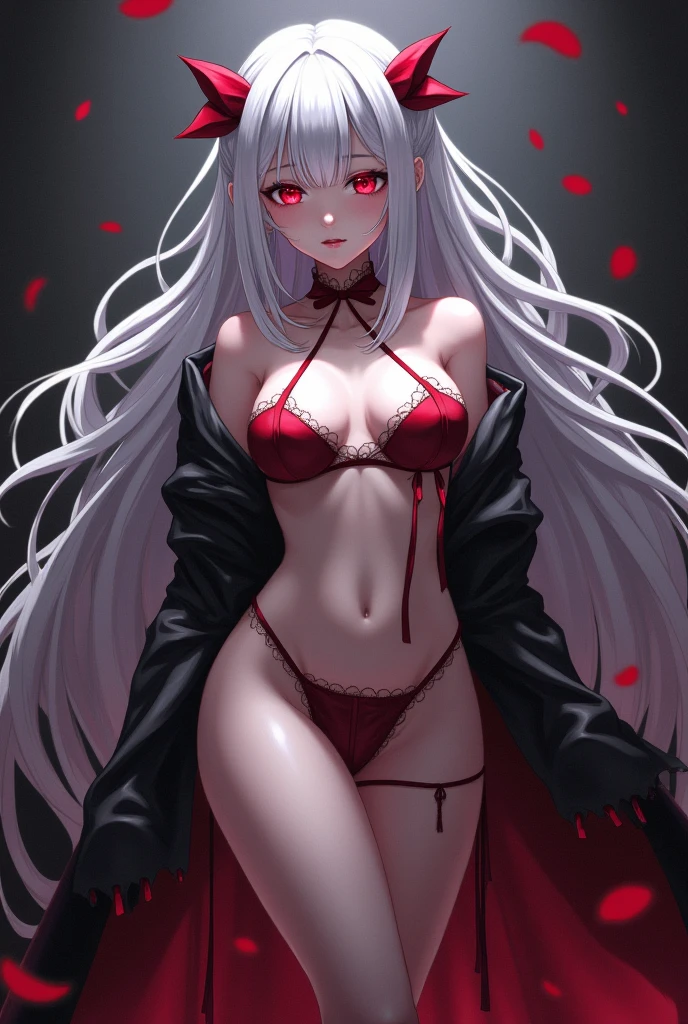 a sexy vampire wearing a red bikini, stained with blood, staring at the viewer crying tears of blood, and small wounds on her face, whole body, lying legs open in a grave, wet body, wet clothes, flowing blonde hair, menacing look and fangs, gleaming vampire wings, blood staining her pale face, big, sharp nails ready to attack,  in a dark abandoned church, with a few candles lighting up, with intensely mesmerizing red eyes --auto --s2