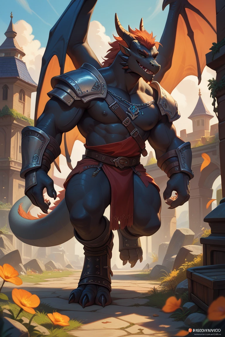 (masterpiece, best quality, high quality, highres:1.4), detailed, extremely detailed, bright lighting, 4K, (by ruaidri), yupa, kiyosan,(by meesh), (by fffffolder)), delga: ( slim, athletic, dragon, black body, smooth skin, athletic muscle, anthro legs, ((skin glowing)), glowing skin, ((young)), (dragon feet), (toe claw), black spikes, (detailed eyes), dragon horn, bare_shoulders, (clothing, handwear:(vambraces), bottomwear:([[leg armor]]))), beautiful, (((heroic aura))), closed_mouth, covered in tattoos, has tattoos, tattoos covering the chest and arms, tattoo sleeves on both arms, descending from the clouds, radiating, giant, raising his leg about to stomp tiny planet