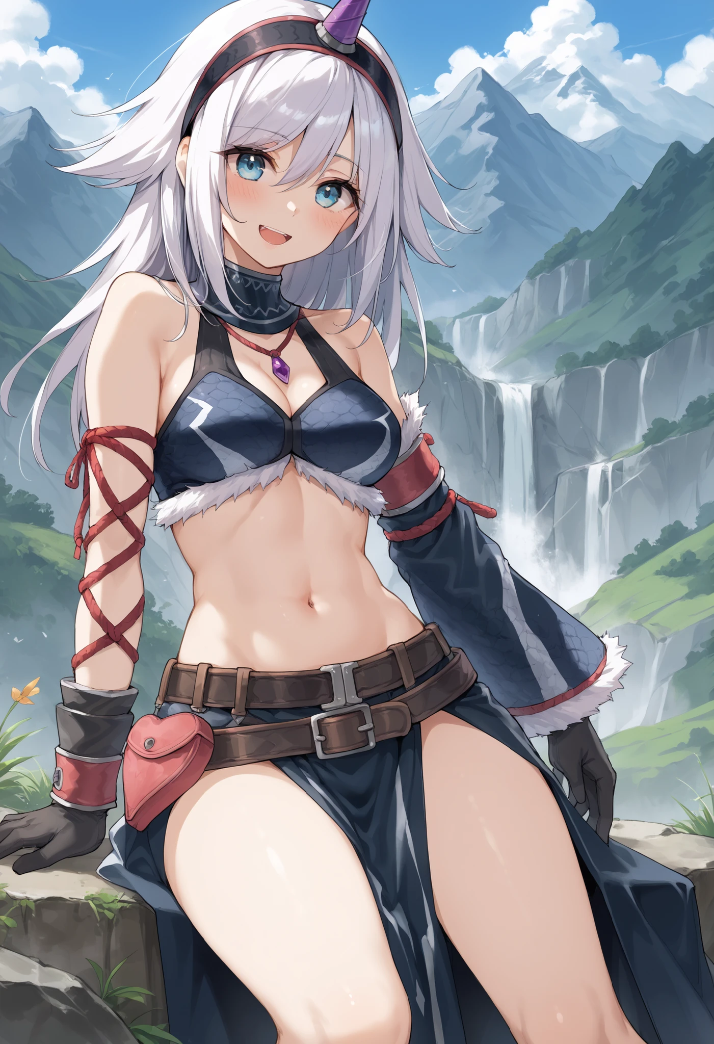 ( score_9:0.9), score_8_up, score_7_up,rating_explicit, anime style,(zPDXL), r armor, purple single horn headband, young_girl, Alone, long_gloves, black_knee_high , white_long_hair, shaggy_bang,Blue Eyes, under the arm, arms, medium_breasts , black_tubetop,mountain_background,wide_shawl, Detachable_long_Sleeves,(abs:0.6),white_fur_waste_armor,smile,(crotch_curtain),blush,light_open_mouth,smart_waste