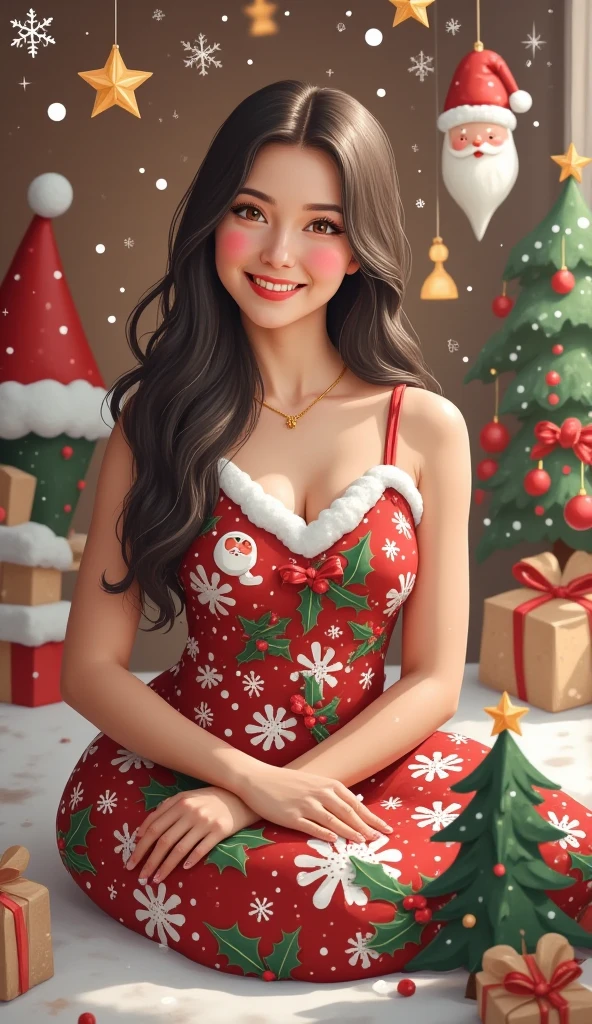 (((Em estilo adesivo para eventos de Natal))), (((SFW))), 8k, ((masutepiece)),(((qualidade superior))),((ultra-detalhado)),((((Realistic)))), Fotorrealista:1.37, (Um hiper-realista), (illustratio), (alta resolução), (ighly detalhado), (The best illustrations), (ultra-detailed細), (parede-), (Rosto detalhado), (beautiful expression), ((詳細 top qualityのスキン:1.2)), ((Blush avermelhado)), (ultra-detailed細な背景, Antecedentes detalhados), (Beautiful and Aesthetic: 1.2), extremamente detalhado, (((A scene in which the girl herself becomes a Christmas present:1.5))), ((sorriso carinhoso)), There is a woman standing with a furoshiki wrapped around her bare skin., (((Furoshiki colorido de Natal))), ((Fita adesiva enrolada em uma garota&#39;Corpo)), ((Christmas-colored wrapping ribbons are tied around the girl&#39;headpe, Neck strap, e cintura.))