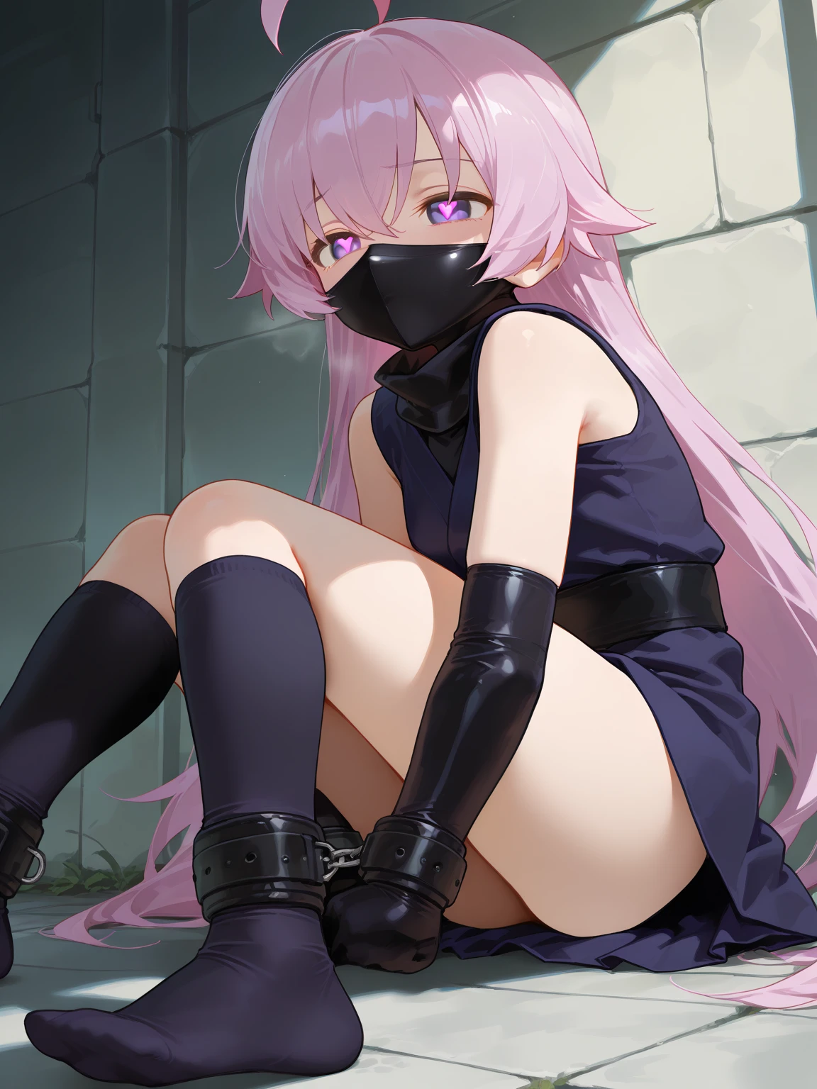 masterpiece, best quality, (beautiful eyes:1.3),
night, isekai, bedroom, cuffs, wrist bands, ankle band, tattoo, dark skin, shadows,
1girl solo, (pink hoodie:1.3), (bandages:1.3) on legs, barefoot, (black shorts:1.3), leg warmers, cape with blades, face mask, cat tail, medium breasts, belt,
 <lora:add_detail:1>,
 <lora:body_size_control_V2:2>,
 <lora:hugging_own_legs_v0.3:1> hugging own legs