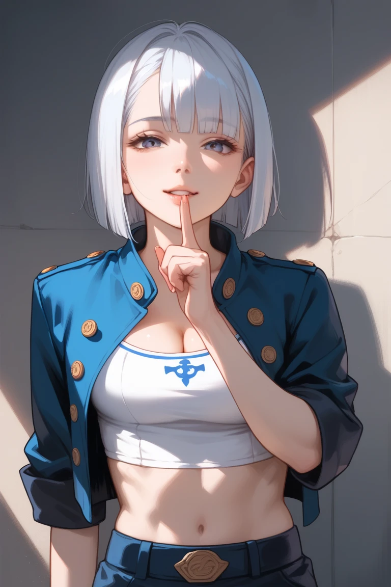 <lora:secelia_dote:1>secelia dote,1girls,solo,looking at viewer, dark skin, dark-skinned female, short hair,blue eyes,white hair, large breasts, white background,upper body, white leotard, ,jacket