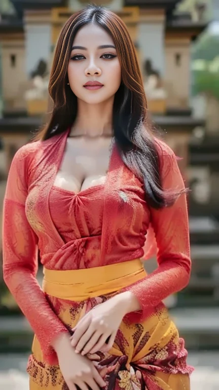 8k, best quality, Medium close-up, (red kebaya )、(luxury kebaya ),(top-quality,masterpiece:1.3,超A high resolution,),(ultra-detailliert,Caustics),(Photorealsitic:1.4,RAW shooting,)Ultra-realistic capture,A highly detailed,high-definition16Kfor human skin, Cute and lovely Korean girl, realistic, ultra detail, photo realistic, Increase quality,
standing in a garden with a scarf, garden, (large breast), (cleavage ), close-up shot, mouth,dark-haired, Messy Updo hair, (depth of fields、chromatic abberation、Wide range of lighting、Natural Shading、)、(Exterior light at night:1.4)、(Hair swaying in the wind:1.2).