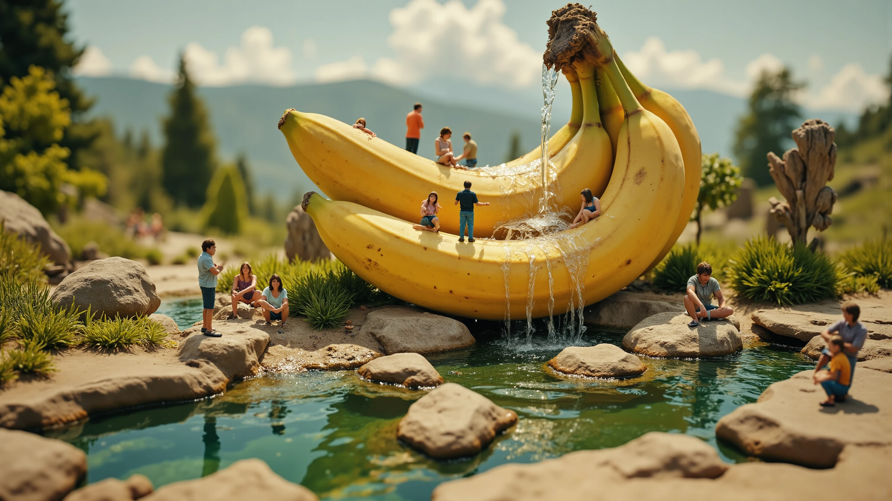 ray tracing, UHD, HDR, 16K, DSLR, photorealistic, masterpiece, award-winning , surreal digital artwork featuring a bunch of bananas, with the top half positioned above the bottom, creating a miniature landscape. Inside the bottom half, a small pond is formed, with water cascading from the top half like a waterfall. The scene includes tiny, people engaging in various activities around the pond, surrounded by miniature trees and rocks. The vibrant yellow of the banana contrasts with the lush green of the trees and the clear blue of the water, creating a whimsical and imaginative scene. The background is softly blurred, emphasising the central composition of the banana and its miniature world.