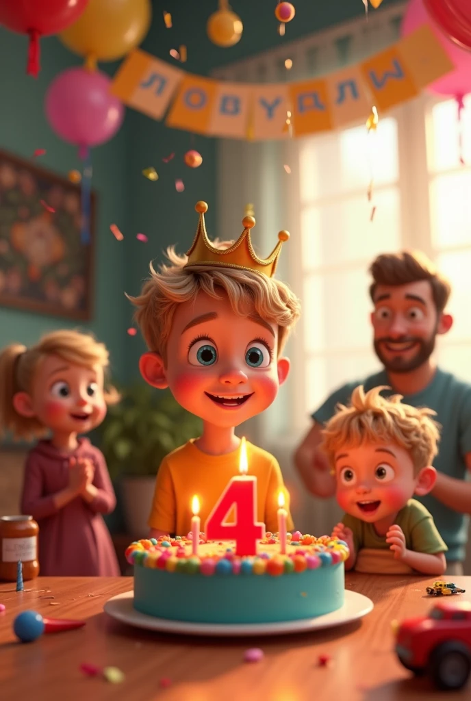 A heartwarming Pixar-style 3D animated scene of a boy’s birthday party. The birthday boy, Dobrynya, has light curly blond hair and big blue eyes. He is slightly taller than his younger brother and is standing in front of a colorful birthday cake with a big red number 4 candle on top. Dobrynya wears a festive shirt, a birthday crown, and has a joyful expression as he prepares to blow out the candles. His younger brother stands next to him, smiling and clapping, with curly golden-blond hair and a toy car in his hand. Their parents stand behind them, smiling warmly. The room is decorated with bright balloons, garlands, and a banner that says "Добрыне — 4!" in playful letters. Confetti fills the air. One is blowing a party horn. The lighting is warm and magical, full of soft glows and Pixar-style expressive cartoon faces.