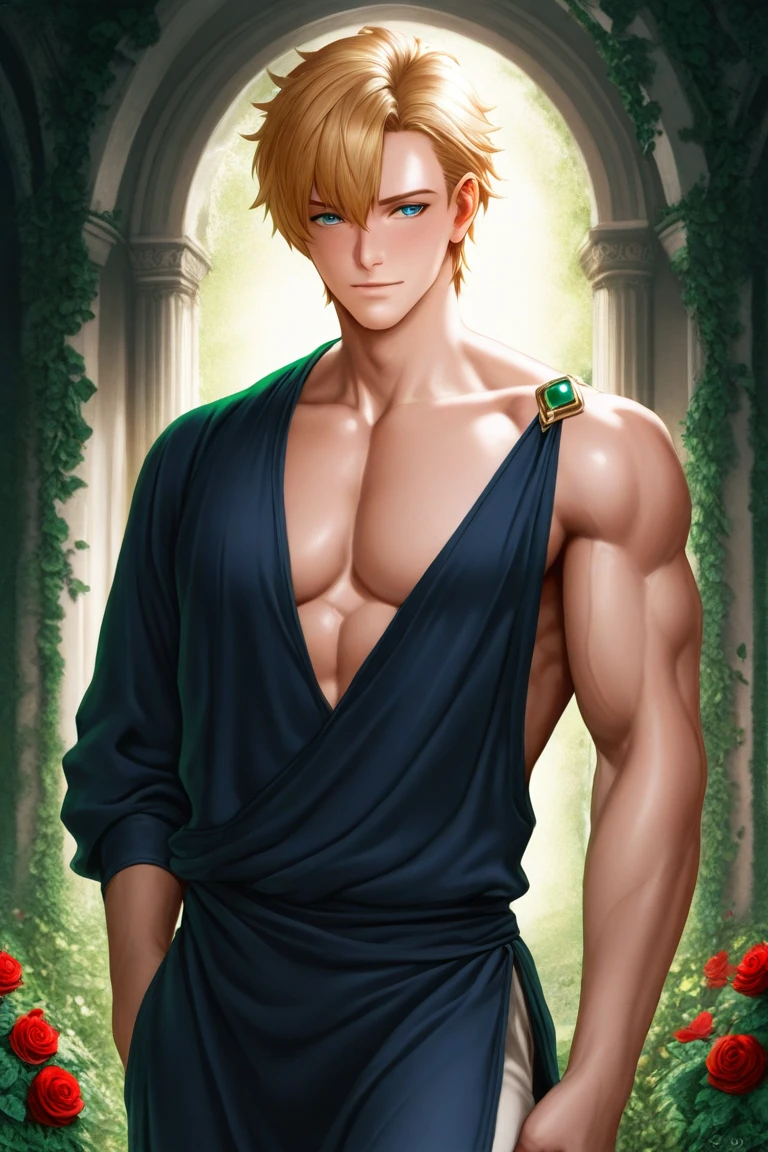 make me an oc from Boku no hero academia Genre: male skin: blonde hair: Dark brown eyes: golden color background: In the sanctuary pose: Waving clothes: a red Greek toga