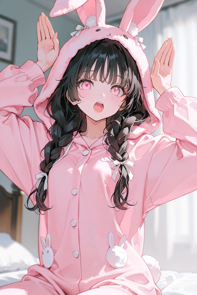 upper body, bedroom, bed, Sitting on the bed, 1 girl, cute girl, cute a round face, black hair, long hair, fine rice braid, white one hair ribbon, wavy hair, bangs, light pink eyes, round puppy eyes, large eyes, small breast, bunny hooded furry pajamas, RAWR! pose, whimsical and fun atmosphere, arms raised shouting, intricate details, finger detail, high resolution illustration, very aesthetic best quality、Good quality、 average quality 、 super detailed、 very beautiful、 absurd、 blurry background、 depth of field、 natural light、 soft lighting 、Good hands 、 detailed eyes on board、 detailed hair、sensitive, high resolution illustration, very aesthetic, detailed face, finely detailed beautiful eyes and detailed face, masterpiece, Top quality, High detail, 8k, Beautiful appearance, 1 solo, dynamic pose, dynamic angle