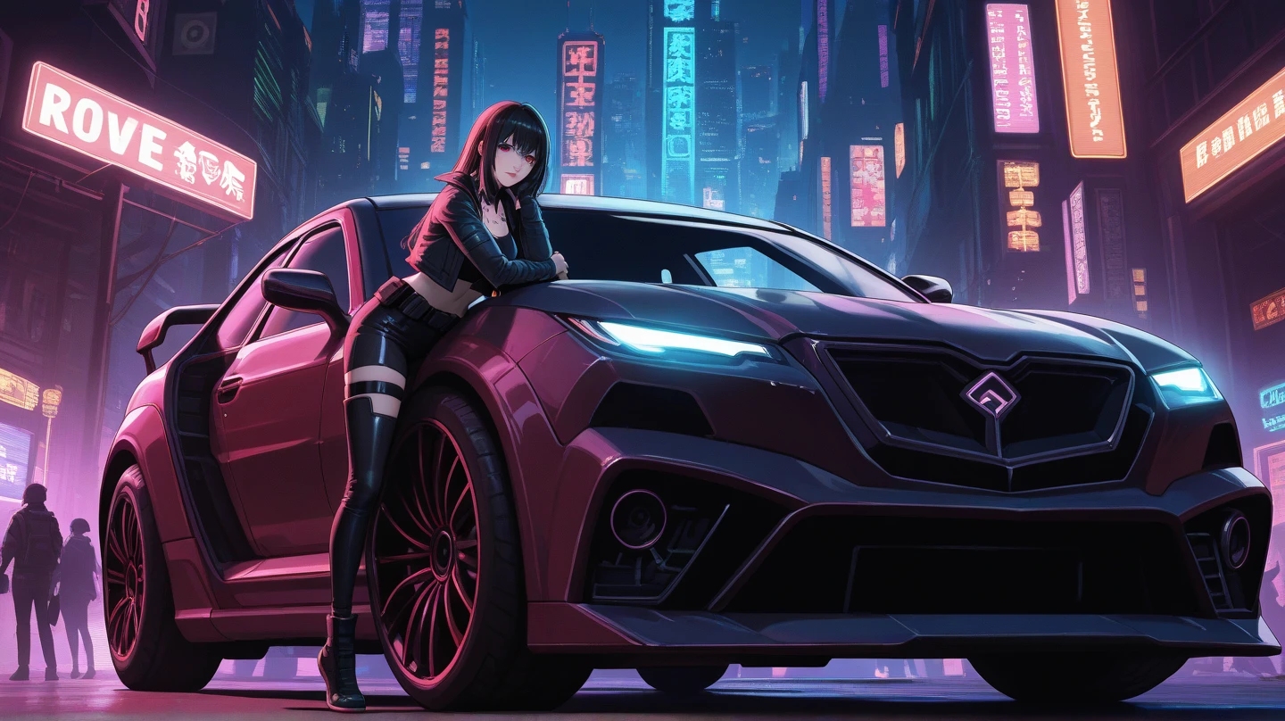 ((Masterpiece, Best Quality)), ((a 1girl)), (a 1girl:1), [car], 独奏, (girl stand in front of car),sitting , side locks, Bangs, Hair between the eyes, looking at the spectator, long sleeves,Bright,neon lights,night time,Midnight,town,Cyberpunk,light,[motor vehicle],[ground vehicle], sports car, black sailor collar, black serafuku, Long Hair, black hair, black thighs, pleated skirt, brown footwear, vehicle focus,