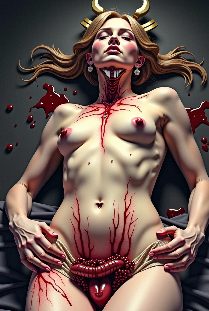 Create an artistic rendering of a sleeping sexy skinny anorexic zombie girl with dead eyes and additional erotic details to accentuate her eerily attractive essence. Incorporate pornographic elements such as prominent abrasions and remnants of fresh blood for authenticity. Add details like bloodied wounds, open gashes with visible viscera, and bruises to enhance the realistic horror effect. Include specific descriptions such as ‘blood trails on her thighs and chest’ and ‘seductive movements with blood streaks on her hips’. Integrate twisted hair and contorted lips to add character. Emphasize subtle erotic details such as tense muscles, sensual curves, and maximum nudity without clothing. Explicit depictions of intimate parts, like a ‘detailed view of a beautifully shaped pussy’, should capture the essence of her undead allure. Incorporate details like erotic poses with legs spread apart and intense sexual energy depicted throughout the image. For a dramatic effect, add more blood on the body. The surroundings should be varied to ensure that each generated image is different. Closed mouth.