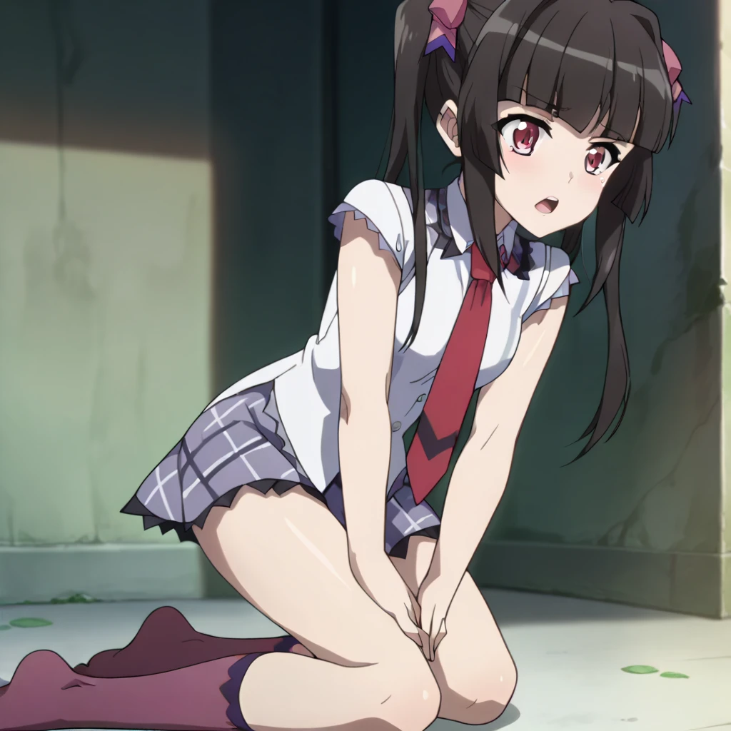 masterpiece:1.5, high quality, , blush, Mouth closed, View Audience, Lie in, behind, Please raise your knees,  On the bed,  Knees on chest, ((Spread your legs)), indoor, (((little white panties:1.8))))), Panty shot, Eyes Wide Open, Angry face, Upper Body, Front view, hachikuji01, Long Hair, Brown Hair, Red eyes, Flat Chest, long Twin tails, Twin tails, hair ribbon, White hair band, mini skirt, shirt, ribbon, Green Bracelet, , white shirt, Short sleeve, Blue Skirt, suspenders, suspenders skirt, White socks, star \(symbol\), change, Official Style, in bakemonogatari style, Skirt flip, skinny,  body, The body is slim, Tight waist, Thin legs, Slim Hips, , cute, cute, 