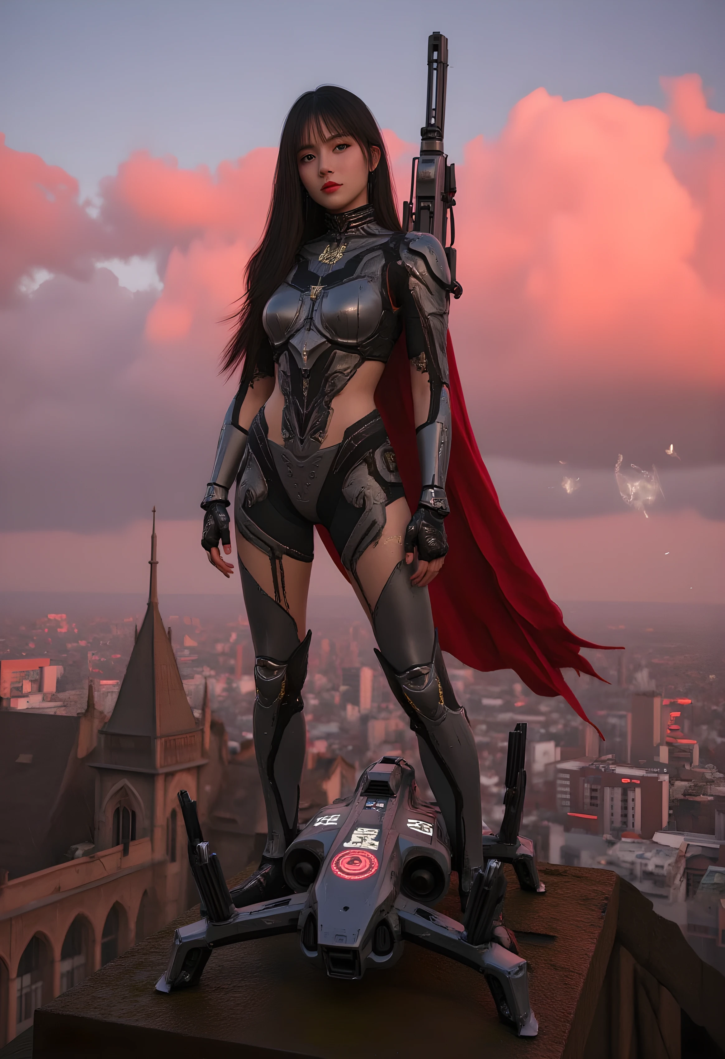 A striking anime-real hybrid render of a commanding cybernetic war queen standing on a ruined cathedral rooftop, above a dystopian metropolis torn by rebellion. Crimson clouds churn in the background as mechanical drones swarm the skies behind her, glowing red sensors locking onto unseen threats. She stands motionless — a Thai cyber Valkyrie with flowing raven hair, blood-red eyes, and body-hugging exo-latex armor reinforced with energy shields and magnetic plate segments. Her massive plasma chaingun is mounted to a robotic armature over her shoulder, feeding from a glowing backpack core that hums with overcharged energy. Twin support drones hover nearby, projecting holographic runes and shield barriers. A quadrupedal battle-assist robot flanks her, its surface marked with her personal sigil. Her stance is wide and grounded — one heel planted on the broken stone cross of the cathedral, the other resting atop a fallen enemy drone. Torn capes flutter, exposing cybernetic muscle fibers woven with nano-wire tattoos. Her lips curl into a smirk — she knows she owns the battlefield. The style fuses hyper-detailed photoreal skin texture with stylized anime facial structure and hair. Each frame is cinematic: atmospheric lighting, glowing embers, embattled cityscape reflections in the raindrops on her armor.