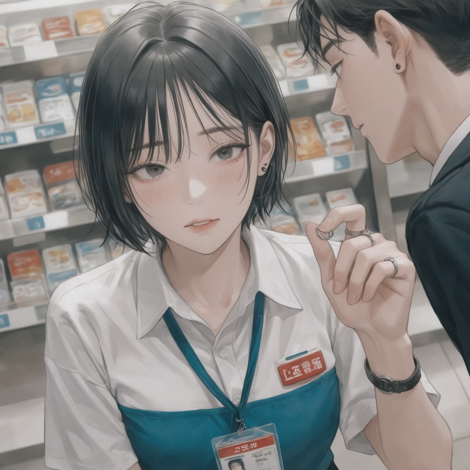 (EyesHD:1.5), best image quality, clear focus, detailed hair, soft detail, detailed eyes, Korean Awareness Light Makeup, Half-open eyes , Convenience store employee, bar, 8 ring piercing, short hair, roughly tied hair without exposure, cute, like, uneasy 