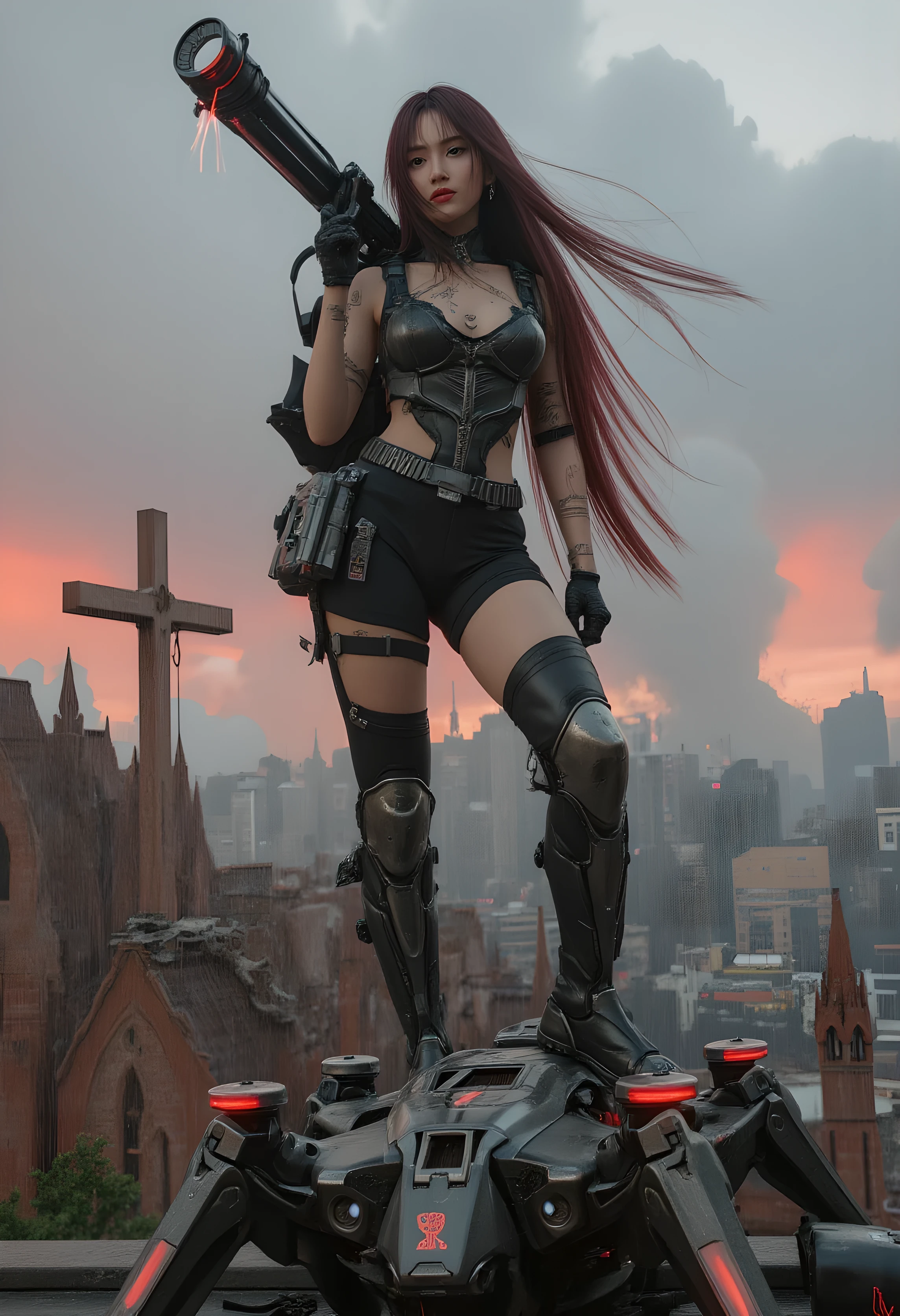 A striking anime-real hybrid render of a commanding cybernetic war queen standing on a ruined cathedral rooftop, above a dystopian metropolis torn by rebellion. Crimson clouds churn in the background as mechanical drones swarm the skies behind her, glowing red sensors locking onto unseen threats. She stands motionless — a Thai cyber Valkyrie with flowing raven hair, blood-red eyes, and body-hugging exo-latex armor reinforced with energy shields and magnetic plate segments. Her massive plasma chaingun is mounted to a robotic armature over her shoulder, feeding from a glowing backpack core that hums with overcharged energy. Twin support drones hover nearby, projecting holographic runes and shield barriers. A quadrupedal battle-assist robot flanks her, its surface marked with her personal sigil. Her stance is wide and grounded — one heel planted on the broken stone cross of the cathedral, the other resting atop a fallen enemy drone. Torn capes flutter, exposing cybernetic muscle fibers woven with nano-wire tattoos. Her lips curl into a smirk — she knows she owns the battlefield. The style fuses hyper-detailed photoreal skin texture with stylized anime facial structure and hair. Each frame is cinematic: atmospheric lighting, glowing embers, embattled cityscape reflections in the raindrops on her armor.