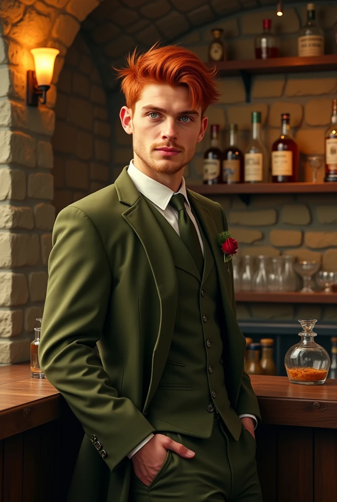 a young man tending an underground bar, redhead, green eyes, realistic portrait, detailed face, friendly expression, straight posture, olive green suit,  dim lights, cosy atmosphere,  vintage decoration , stone walls, bottles of liquor, glass glasses, warm lighting, ochre shades , 4k, ultra detailed, oil painting, photorealistic