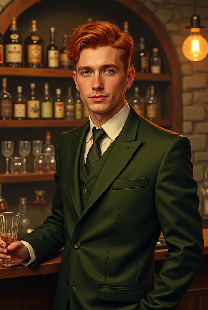 a young man tending an underground bar, redhead, green eyes, realistic portrait, detailed face, friendly expression, straight posture, olive green suit,  dim lights, cosy atmosphere,  vintage decoration , stone walls, bottles of liquor, glass glasses, warm lighting, ochre shades , 4k, ultra detailed, oil painting, photorealistic