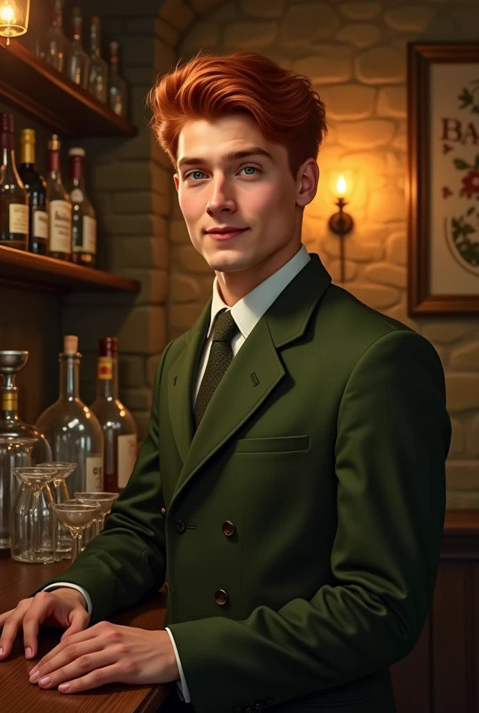 a young man tending an underground bar, redhead, green eyes, realistic portrait, detailed face, friendly expression, straight posture, olive green suit,  dim lights, cosy atmosphere,  vintage decoration , stone walls, bottles of liquor, glass glasses, warm lighting, ochre shades , 4k, ultra detailed, oil painting, photorealistic