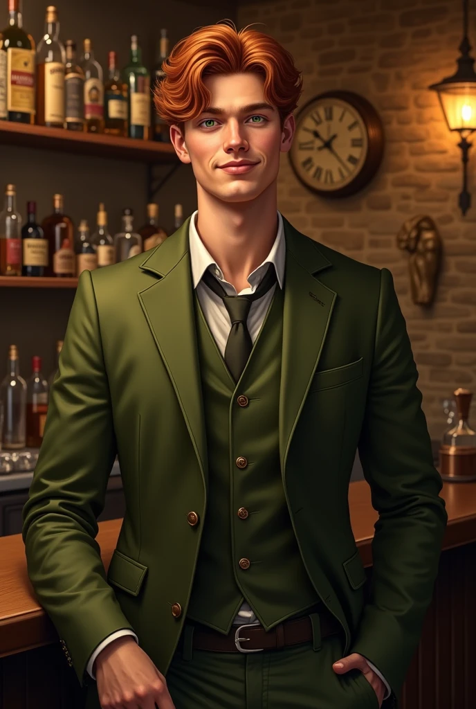a young man tending an underground bar, redhead, green eyes, realistic portrait, detailed face, friendly expression, straight posture, olive green suit,  dim lights, cosy atmosphere,  vintage decoration , stone walls, bottles of liquor, glass glasses, warm lighting, ochre shades , 4k, ultra detailed, oil painting, photorealistic