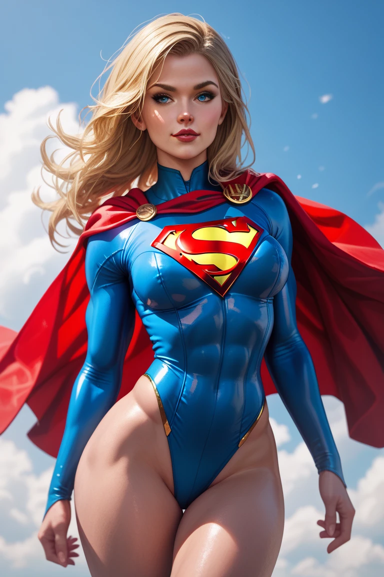 (master part, best quality, fotorrealista, cinemactic, ultra-detalhado, 8k), ((Arremesso longo, corpo inteiro)), rosto detalhado, 1 garota sexy em uma postura de luta no telhado, ambos os punhos na frente, anatomia perfeita, olhos expressivos, perfect hands, (pernas longas e redondas), (seios grandes), ambos os punhos na frente, Produza uma arte de alta qualidade com foco em capturar Melissa Benoist como supergirl em detalhes impressionantes e sedutores. Render artwork accurately, Buscando um retrato fotorrealista. Destaque para Supergirl, bikini style costume, expondo o seios, Athletic body, seios grande, um bodysuit azul vibrante com um ousado "s" emblema em seu peito, a flowing red cloak, e detalhes dourados. Make sure the costume shows off your strength and grace. Emphasize Melissa Benoist's warm and confident expression, Reflecting Supergirl's unwavering dedication to justice and compassion. Incorporate a dynamic and heroic pose that illustrates supergirl's power and readiness for action. Position the backdrop against a cityscape or clear sky, com dicas de sua capacidade de voar e proteger o mundo