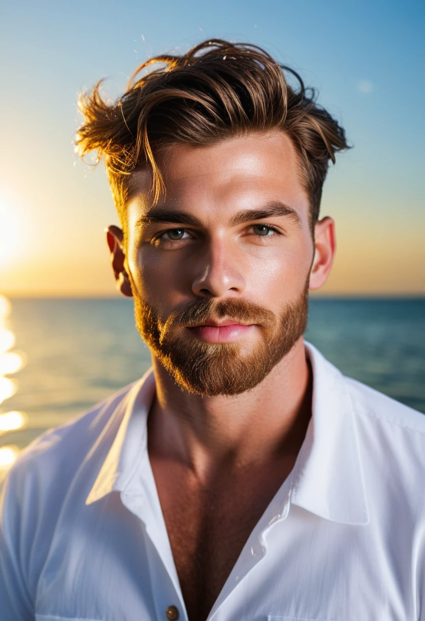masterpiece, best quality, high resolution, closeup portrait, male focus, solo focus, muscular, burly, hairy, male, (no shirt: 1.2), a handsome red-haired man, 20 years old, beach shorts, beach with a sunset in the background, full body, amazing composition, front view, HDR, volumetric lighting, ultra quality, elegant, highly detailed