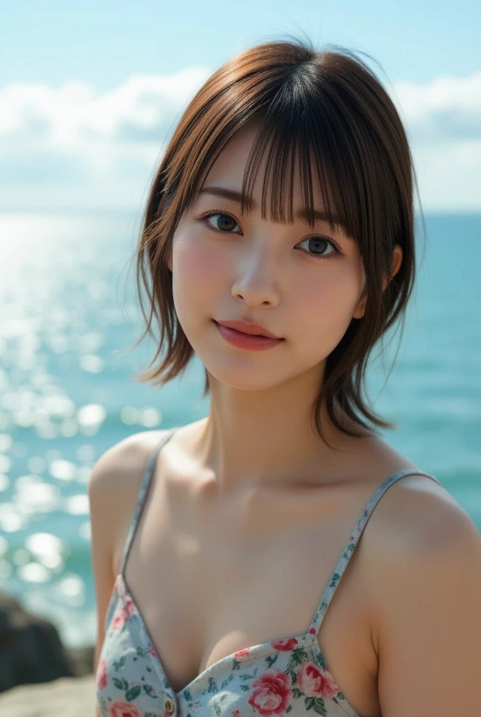 (top-quality、16K resolution)女の子1人、独奏、natural soft light、A Japanese Lady、Looking at the camera、swim wears、Concrete background、Facing the front、is standing、bobhair、Woman in her late teens、Light bangs、Salon model、Natural look、portlate、floated hair、Rolled hair