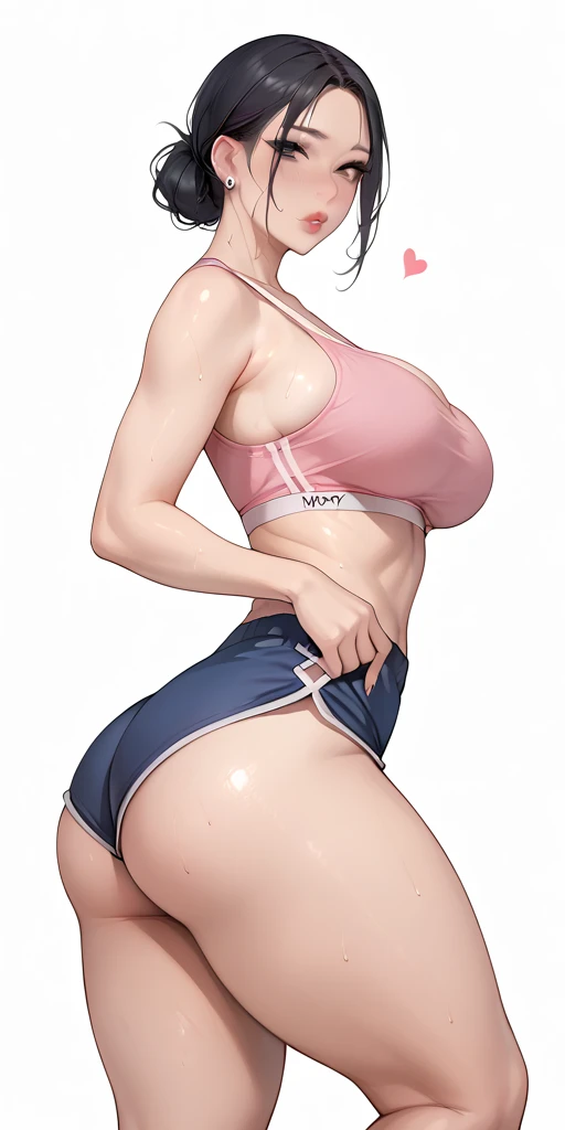 a beautiful woman artwork ultra detailed artwork, woman 32 years old beautiful face whim,very well lit perfect skin beautiful mouth lipstick surprised expression , sexy face,ultra detailed dark brown hair.Natural brightness,very hot perfect body ,very hot huge breasts big breasts ,Breasts huge,Slim waist wide hips,perfect leg ,She wears very tight lycra shorts, drawing curves( big cameltoe pussy buceta volume )white tank top with nipple volume( She has both hands on the wall looking back in surprise