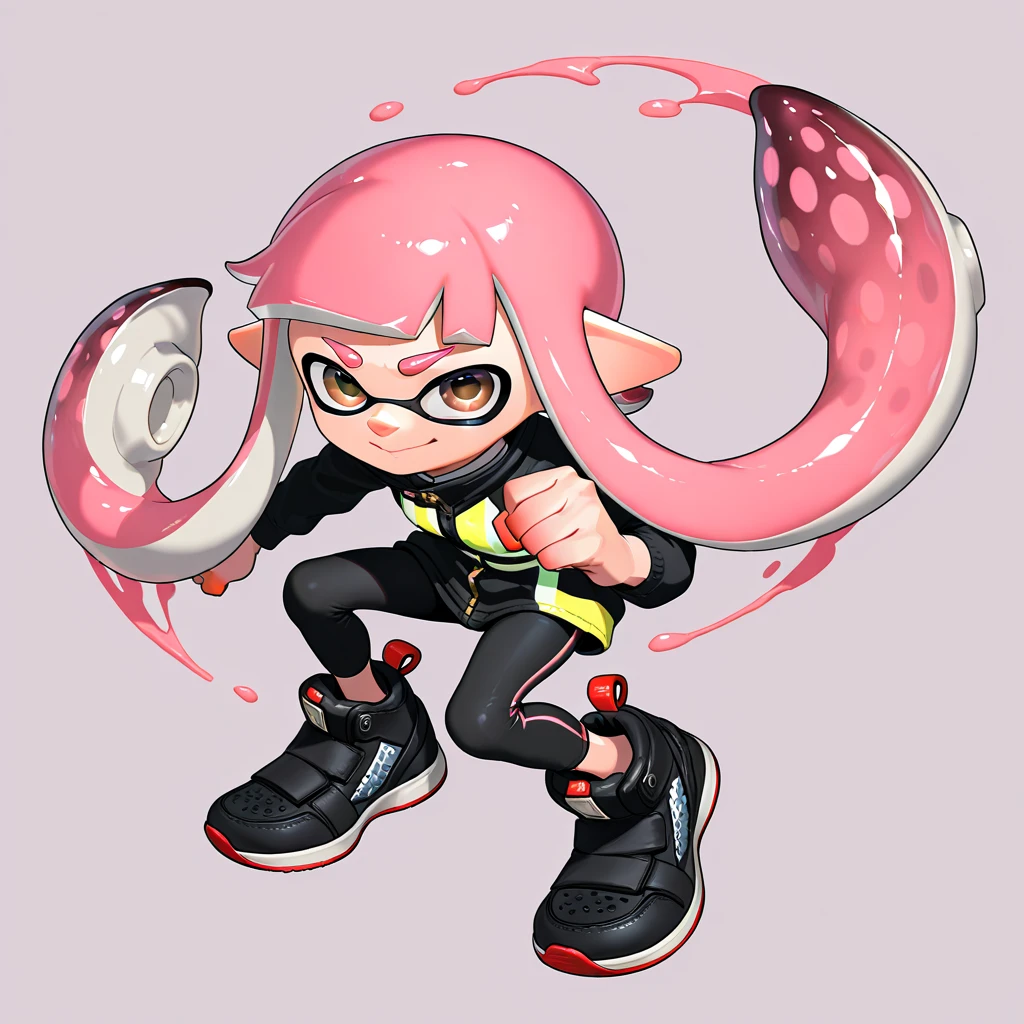 masterpiece、highest quality、High resolution、4k、1 beautiful girl、girl、splatoon inkling, tentacle hair、ink bomb、(((whole body)))、neon blue tentacle hair、ponytail tentacle hair、big ribbon、sharp outline、golden eyes、Big eyes、smile、cheek、Lipstick、slender body、super big breasts、cleavage、pointed earicro mini skirt、fashionable、Large accessories、outdoor、sexy dynamic pose、figure 