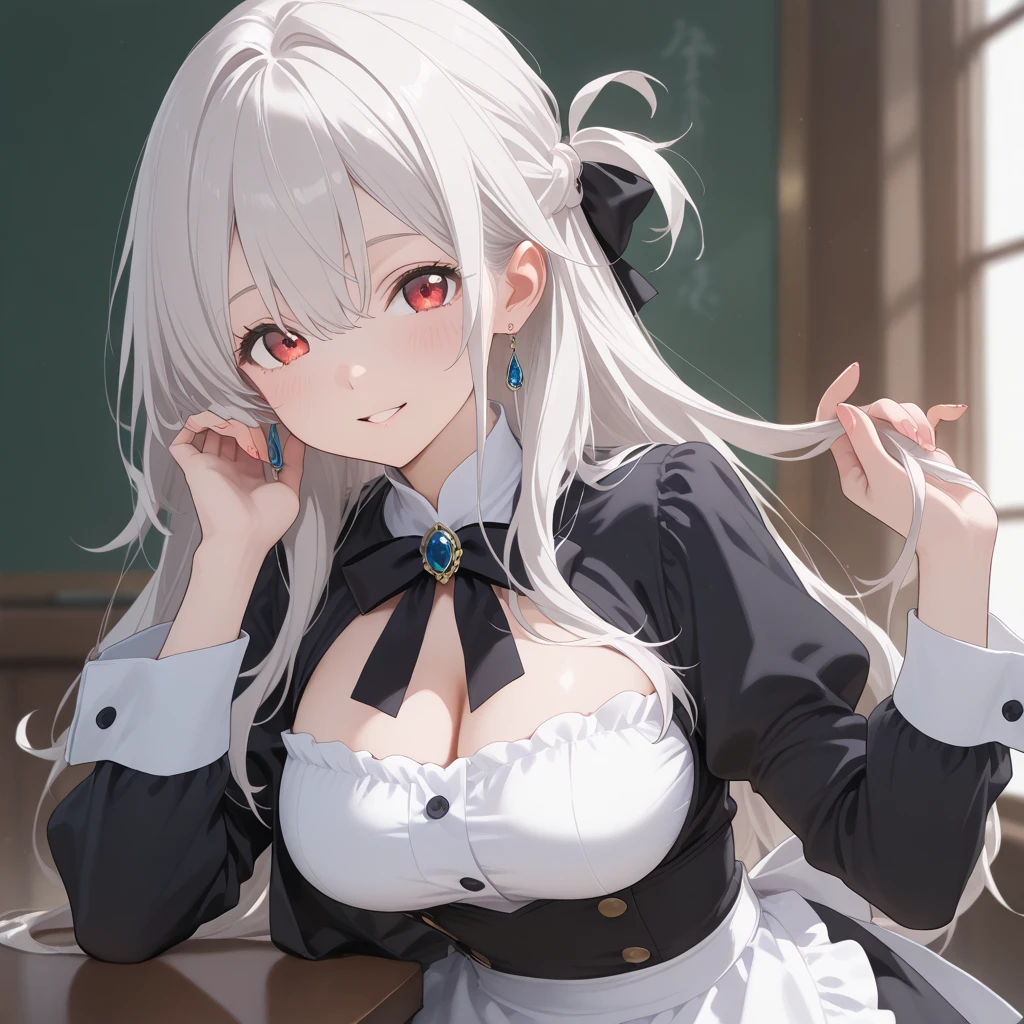 (high quality, 8k, 4K, High Contrast, masterpiece:1.2, 最high quality, Best aesthetics), Beauty, Maid, Very detailed, Seductive and erotic girl with lace headdress, smile, (Big Breasts, silver hair), Focus on the face, Focus on the face, Complex eyes, tights, laced tights, coffee shop, Sitting, Dynamic Angle, feet in tights,