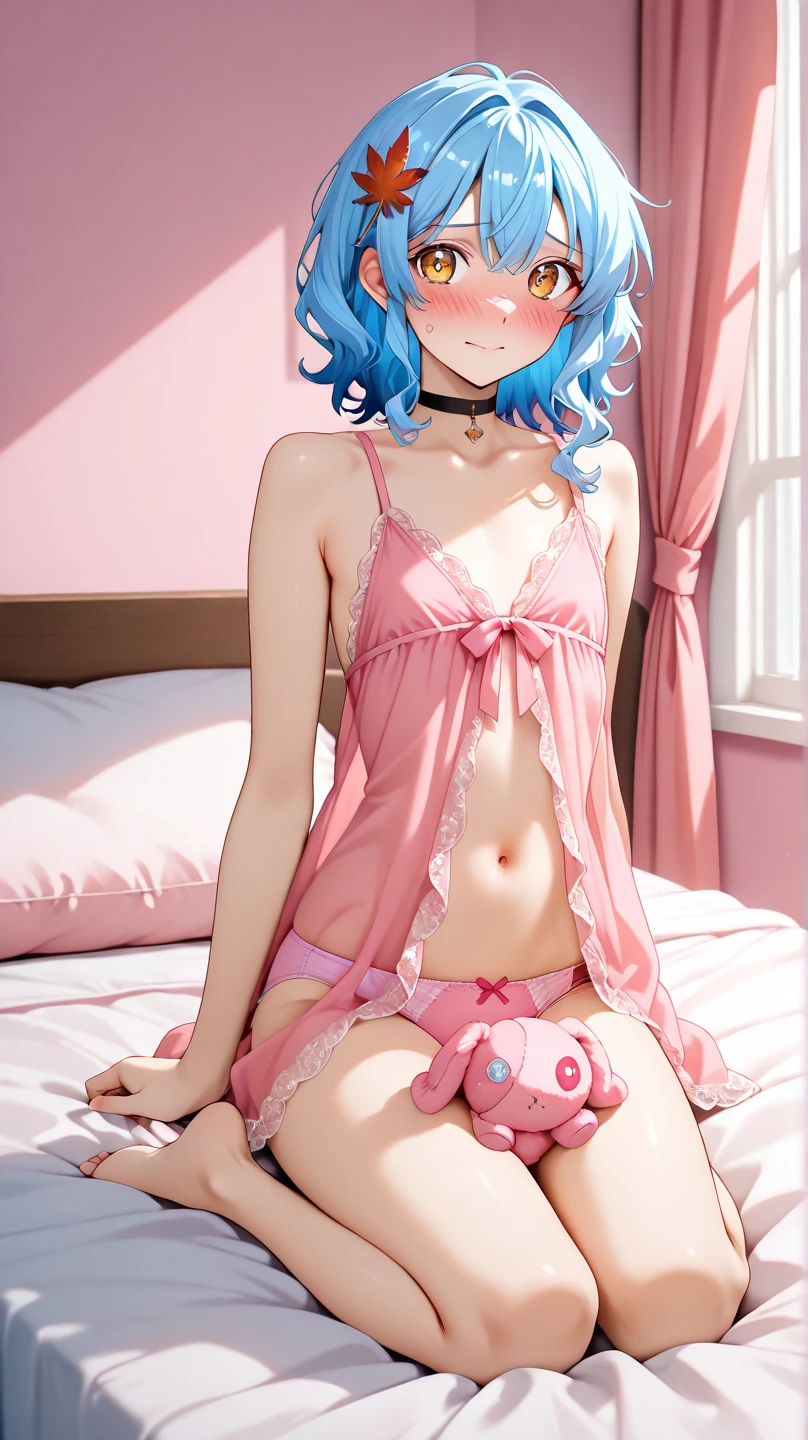 Belle Delphine, masterpiece quality, (masterpiece quality:1.3), high res, realistic, lots of detail, alone, 1girl, (1girl:1.9), solo, in a bedroom, bed in background, shoulder-length hair, pink hair, (pink hair:1.5), wearing white choker collar, wearing blue lace bra, wearing blue lace panties, wearing fishbet stockings, (fishnet stockings:1.5), thin body, small breasts, (small breasts:1.5), smiling, (smiling face:1.5), 