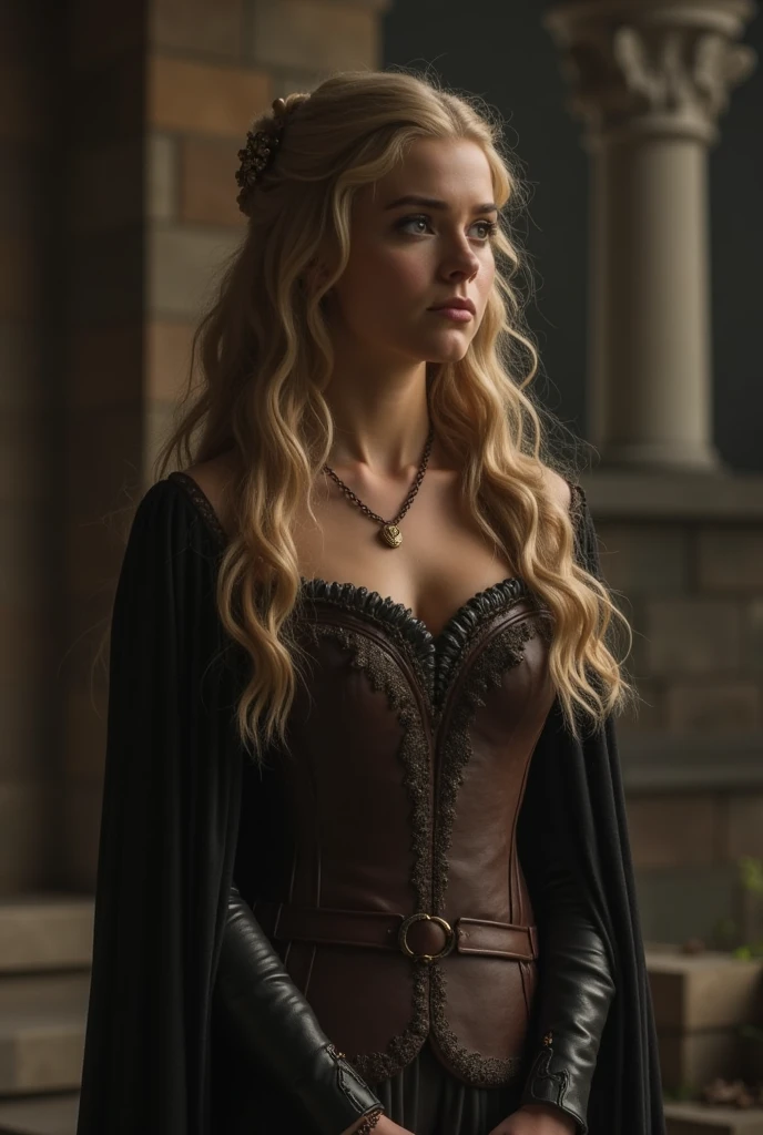 Dark female evil and gothic with long blonde hair and blue eyes, 8k resolution concept art, hypereallistic, realistic, 12k, intricate. hit definition , cinematic, real life human