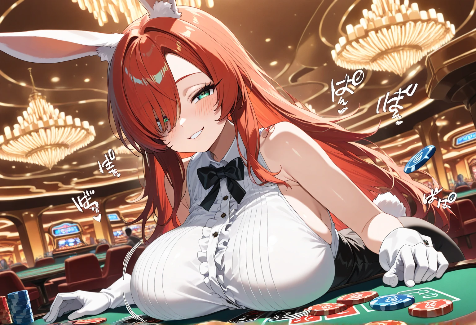 A girl in a casino playing roulette with a man, Exquisite details. girls frontline, azure lane style, playful bunnygirl, playingcards, Altera, Genshin Impact on Sea Anemone, M4 SOPMOD II from girls frontline, splatter art Japanese cartoons with exposed breasts. (best quality, 4K, high resolution, masterpiece:1.2), Super detailed, (actual, photoactual, photo-actual:1.37), human development report, ultra high definition, studio lighting, Ultra-fine painting, sharp focus, Physically based rendering, extremely detailed description, professional, bright colors, Bokeh, Japanese cartoons, casino, roulette, bunnygirl.