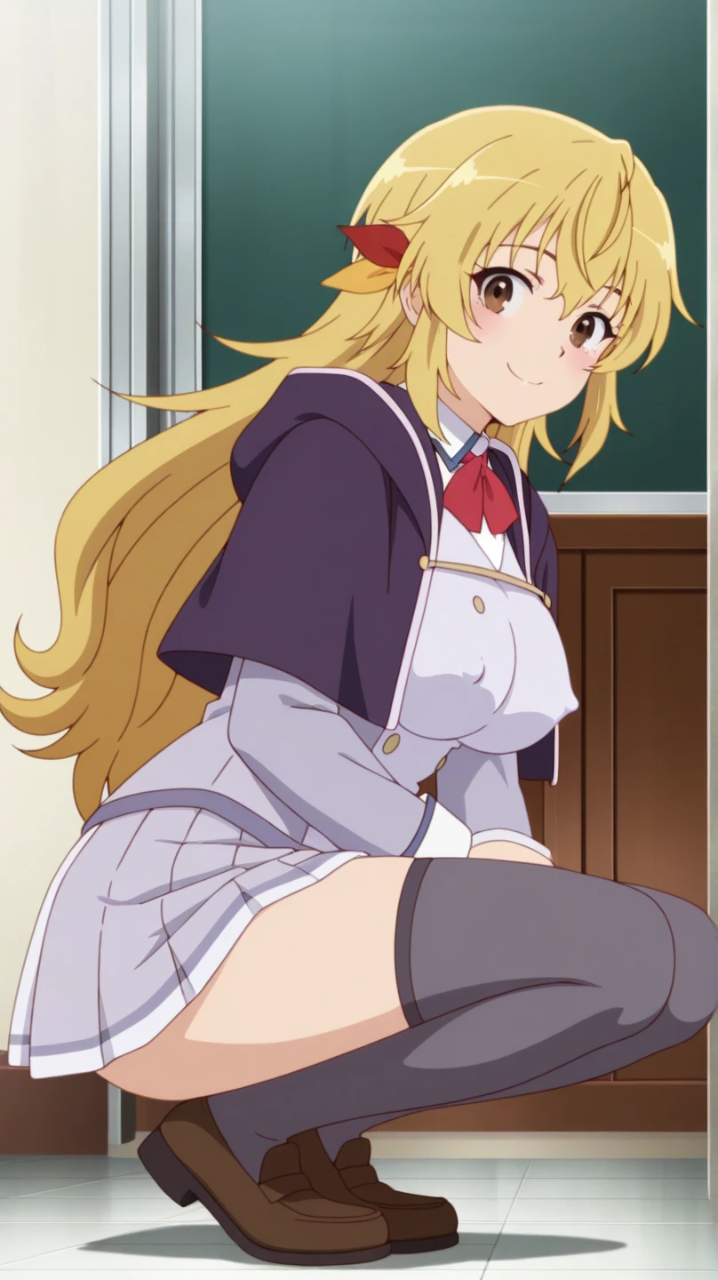 score_9, score_8_up, score_7_up, source_anime, rating_explicit, uncensored, anime screencap, BREAK, shizukamarikawa, shizuka marikawa, huge breasts, open shrit, long hair, blonde hair, very long hair, low-tied long hair, yellow eyes, hair between eyes, shirt, long sleeves, ribbon, white shirt, frills, centered frills, open breasts, blush, embarrassed, smile, indoors, looking at viewer, spread legs, spread pussy