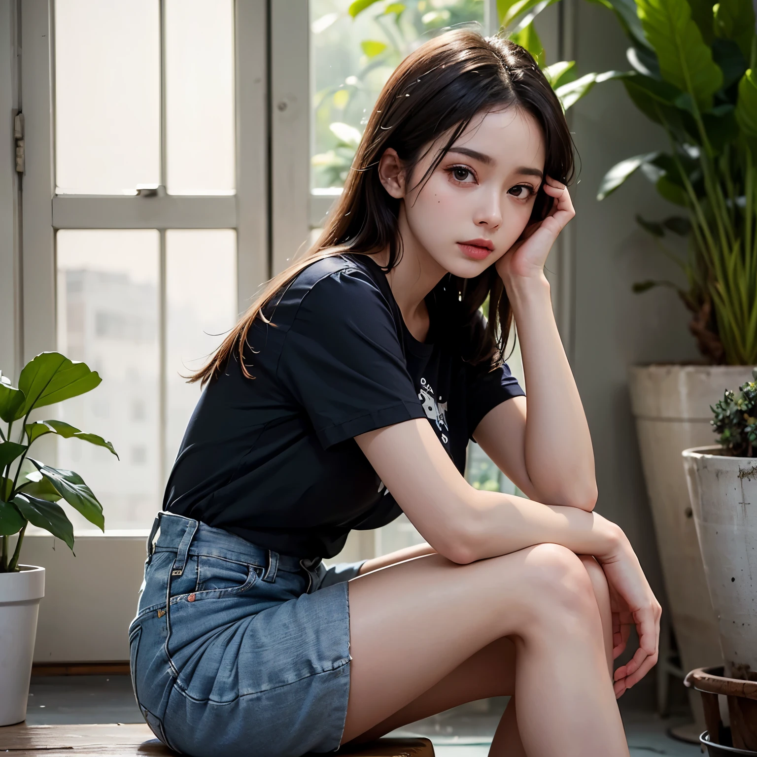 ​masterpiece、The highest image quality、One Beautiful Girl、A detailed eye、Swollen eyes、brown haired、length hair、fair white skin、cute little、Cute legs、a short skirt、japanese lady、a asian beauty、moonlights、Strong eyes、profesional lighting、Bright lighting、二重まぶた、thin、japanese lady、a asian beauty、opening legs、the skirt is slightly rolled up、Fine pleated skirt