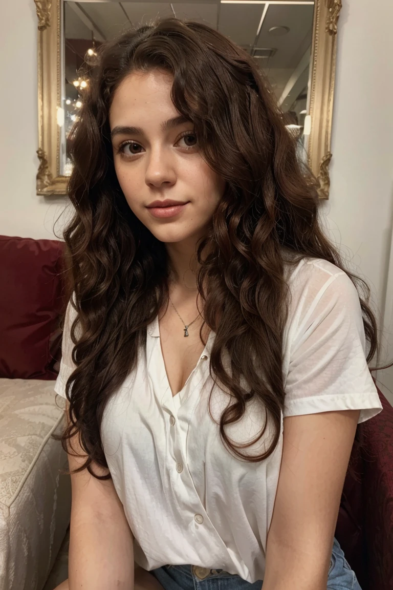 A beautiful and amazing 25-year-old Brazilian girl, white skin, free curls, maroon shorter curly hair, wild long curly hair, multiversal hair, mexican, short curly corinth hair, curly corinth hair, curls, extended wavy hair, baroque curls , curls, curly, curly red hair, hair texture, curly bangs, dressed in sportswear, selfie, background of a living room, slightly blurred photo, smiling and slightly showing teeth