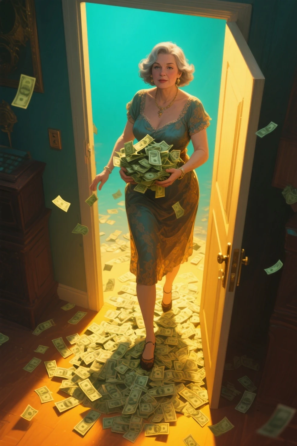 Sexy woman, seafoam green dress, big chest, seafoam color high heels, short layered red color hair, mole on face, smirking, a pile of money, wealthy woman, NSFW, full-body, dark brown