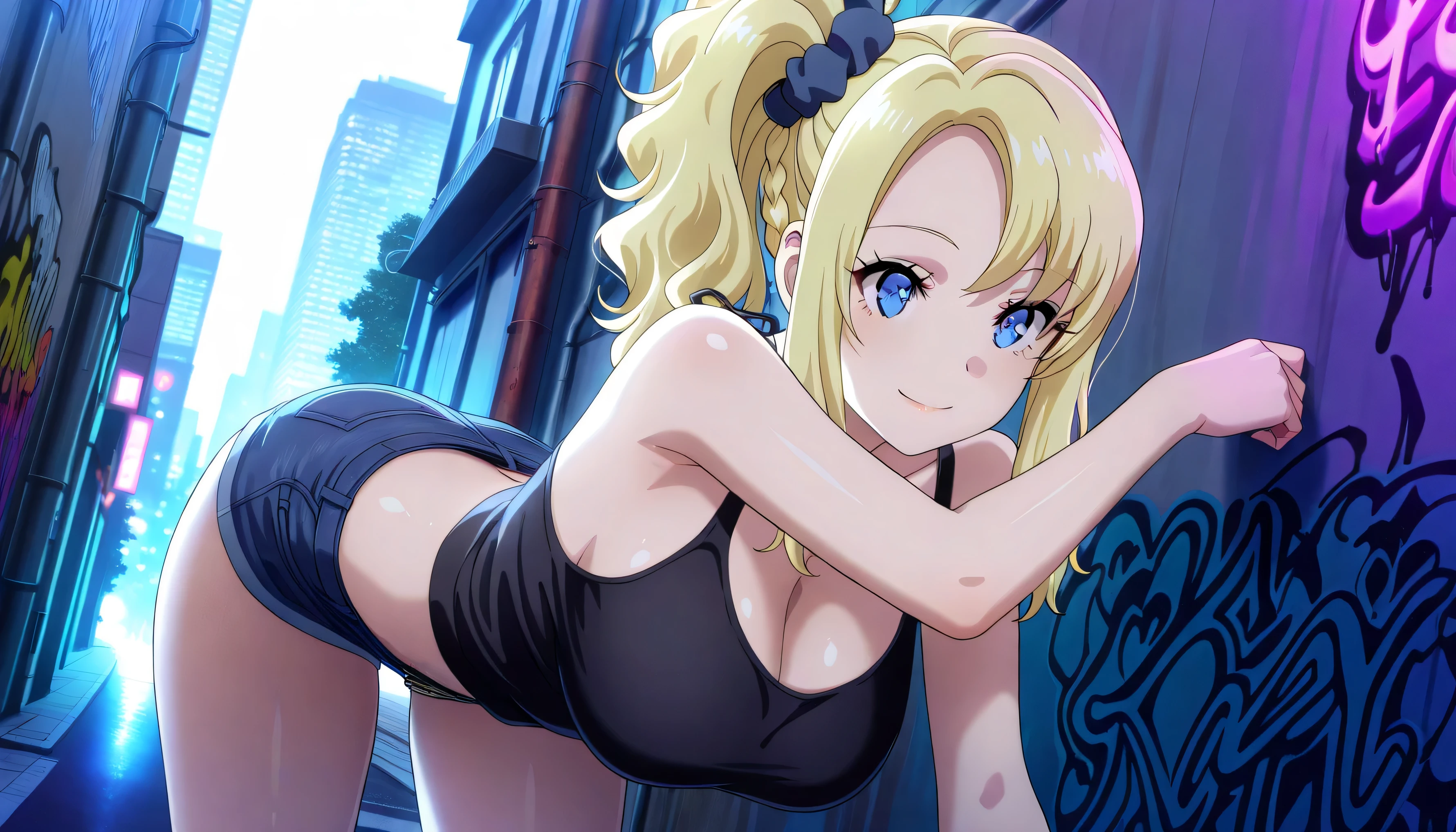 (masterpiece), (best quality 8k), (ultra-detailed), (solo), (realistic), (detailed and detailed), (photorealistic), (hi-res), (sharp image),1girl,beautiful face,beautiful eyes,large breast, Short Haircut with Fringes,,Brown eyes, red top, red miniskirt, hoop earrings, black jacket, city night, romantic mood, afterglow, blushing, necklace, grin, raytracing,Eiko Tsukimi, blue eyes, braid, twin braid, blonde hair, long hair,baseball cap