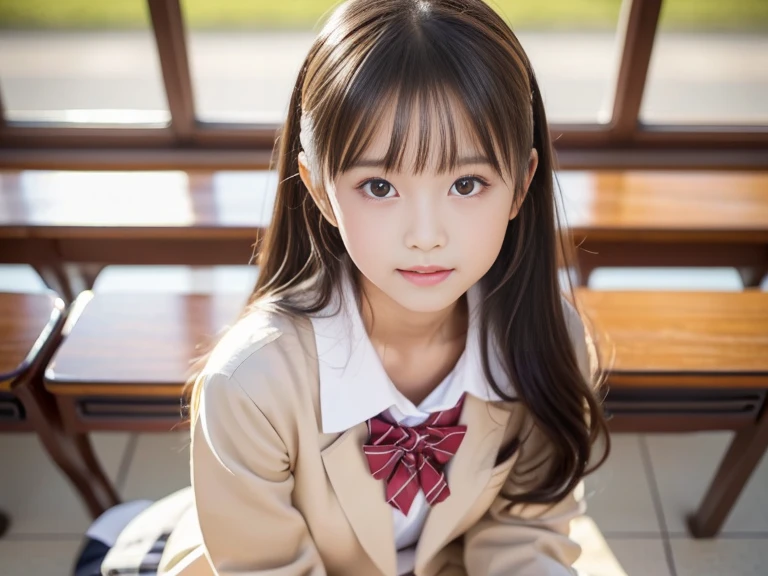 ((8K)),((Japanese)),(:1.6),(innocent face:1.5),(highly detailed face),girl,cute,idol face,blazer,plaid skirt,black hair,baby face、kneel down、open your mouth、show your tongue、the presence of  on the tongue,、