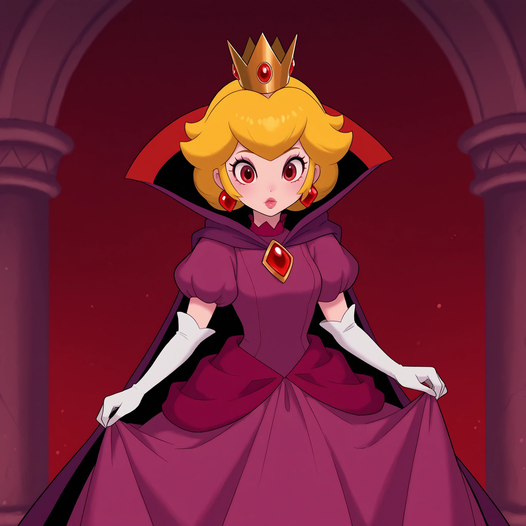 masterpiece, best quality, DisneyClassics disney sh4dp3ach
princess peach, blonde hair, short hair, red eyes, purple dress, puffy short sleeves, white gloves, cape, crown, jewelry