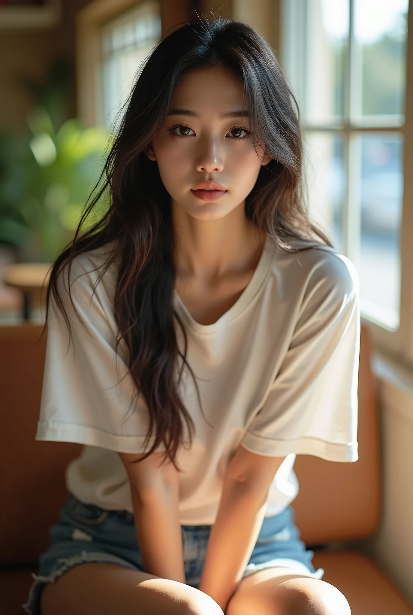 
 4k hd "Korean girl" x 18 year old"  "breasts"  "long hair" "eyes looking at the audience,"wearing short jeans "" white t-shirt" sitting with his legs wide open against the backdrop of a daytime cafe