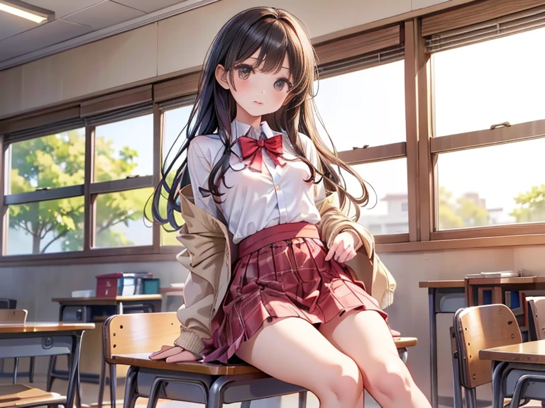 ((Superflat, Flat Shading, flat-colors:1.1)、Illustrations、(cute little:1.2)、very beautiful 18 year old cartoon girl、cheeks are reddened、(High Detail Skin: 1.2)、photorealistic anime girl render、realistic anime 3 d style、cute little,beautiful brown hair、Strong highlights of the eyes、erect nipples,cameltoe,Squat and open legs、Tall、full of sweat,(Red Ribbon Tie、Japanese girls' high 、Dark blue long-sleeved jacket、white shirt、navy blue flare skirt、mini skirt))、((Camera angle looking up from slightly below the front))、Pretty underwear、((Detailed white underwear)),(big breasts)、
