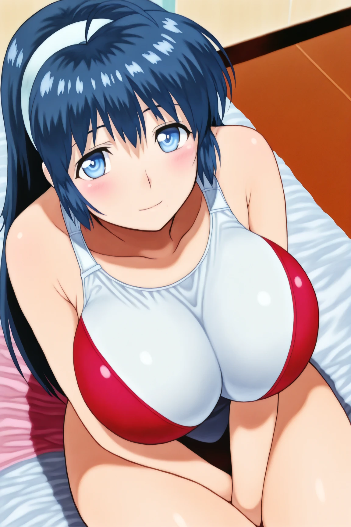 (hip focus:1.1),(from behind:1.4),(official art,anime coloring,anime style,high quality、high resolution、masterpiece:1.3),(blue hair,orange eyes,two side up,fang,tuile_(gravion),twintail,(gigantic breasts:1.5),(bikini、blush,happy smile,open mouth,indoor,on bed,large bed、bedroom,sitting:1.5)