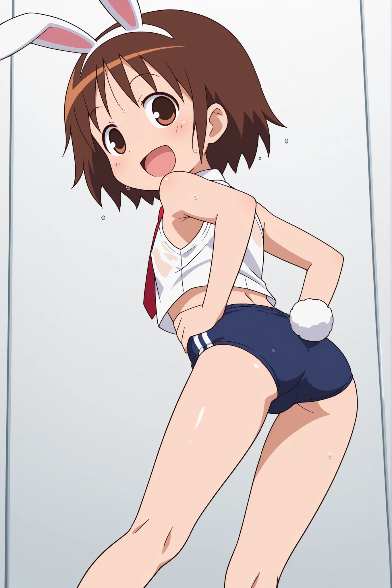 (((anime style))),score_9, score_8_up, score_7_up, source_anime,yasuna oribe,1girl, ((solo)),((((blue buruma)))),((((white business shirt)))),((sleeveless)),((wet clothes)),nipple,((red tie)),((white sox)),brown loafers,((white Bunny's ears headband)),Bunny's Tail, (hands on hips), (happy),(((crop top))),((((back shot)))),(((contrapposto))),little butt,low angle,
,(looking back),((bare hands)),((open mouth smile)),(((> <))),(wink)
,(looking at viewers),full baby