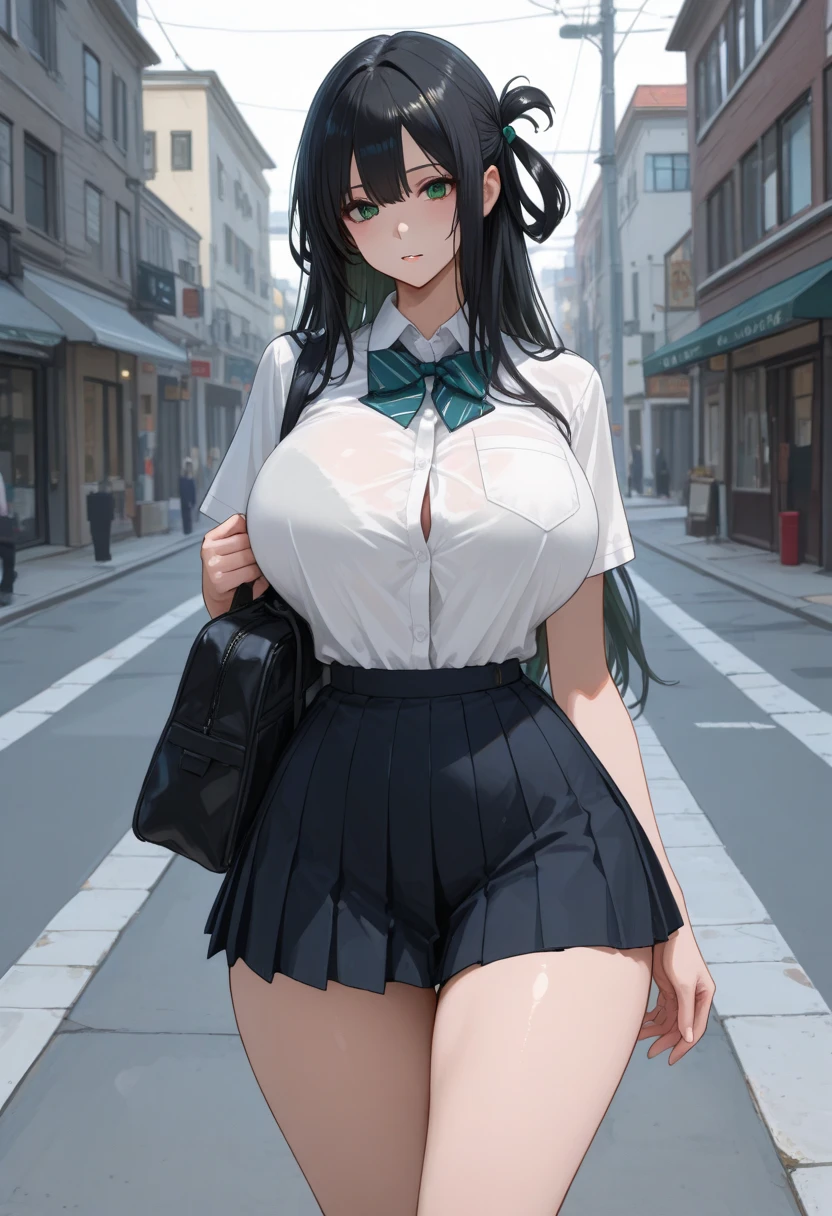 cleavage, (masterpiece, best quality, ultra-detailed), 1girl, AnnaYamada, blue hair, brown eyes, looking at viewer, standing, sexy pose, blush, skirt, panties, (bellow view), outdoors