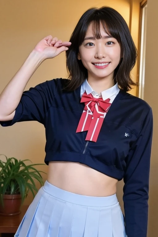 a closeup, masterpiece, top-quality, FULL ANATOMY、Raw foto, Photorealsitic、(Cute little face:1.5)、(Very cute smile:1.6)、(with round face:1.9)、(She has a cute face like an idol、double tooth:1.3)、(Superhero、Tokusatsu Pink、Pink Ranger:1.5), depth of fields, hight resolution, ultra-detailliert, finely detail, ighly detailed, extremely detailed eye and face, Realistic pupils, foco nítido, Cinematic lighting、19-year-old woman、(One lady、独奏)、 (A dark-haired)、short-hair、Curly hair、Patsun bangs、Very detailed 8k wallpaper、Plaid pleated skirt、Show me your whole body、(Plump panties:1.2)、Cute panties in light colors、White Sox、(Panties are visible from the skirt、Lift the hem of the skirt with both hands、Showing her panties to the camera、The panties are digging into the pubic area.、Streaks are visible)、is standing、Angle from below、(Thigh close-up)、(good proportion、a large bust、big breasts thin waist)、depth of fields、Bokeh in the background