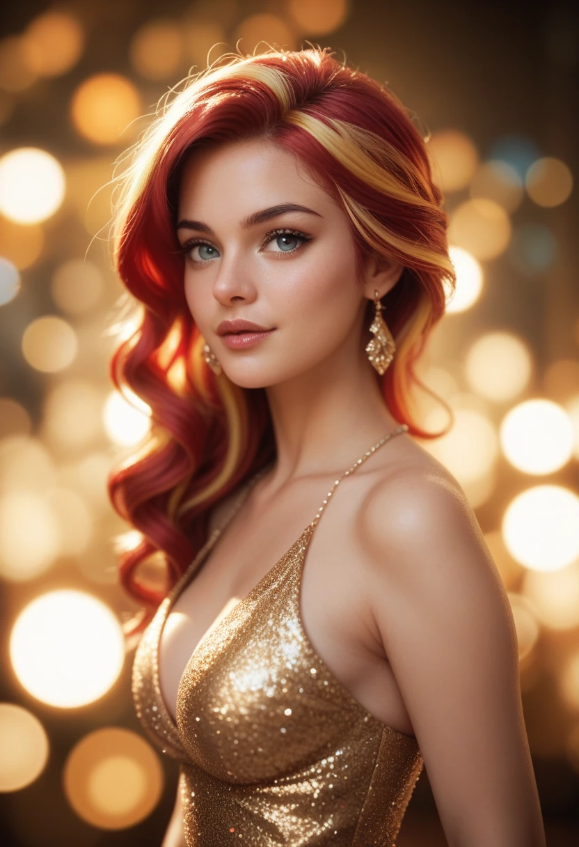 Best quality, a high resolution,fashion illustration,elegant models,Beautiful ,sexy detailed brown eyes, red-haired, detailed glossy lips and face,glamour mode,track laying,bright colors,Elegant bright yellow dresses, Beautiful аксессуары, Professional studio lighting,ultra thin paint, realistic textures, Beauty,goddess, full length,