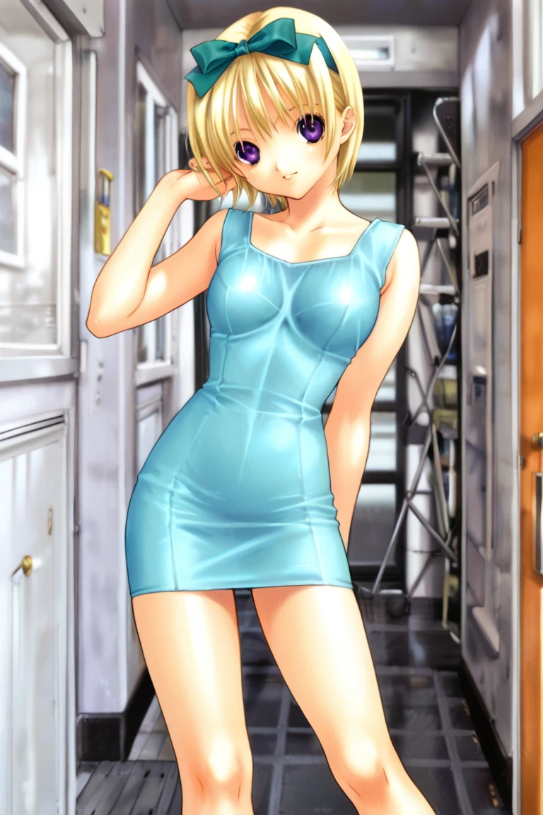 (Best Quality, Masterpiece:1.4), (Absurdres:1.2), 1 girl, Solo, erasa, blonde hair, blue eyes, gold earrings, gold bracelets, cleavage, small breasts, pink dress, strapless pink tube dress, sitting on a green couch, indoor room, smile, looking at viewer, cowboy shot