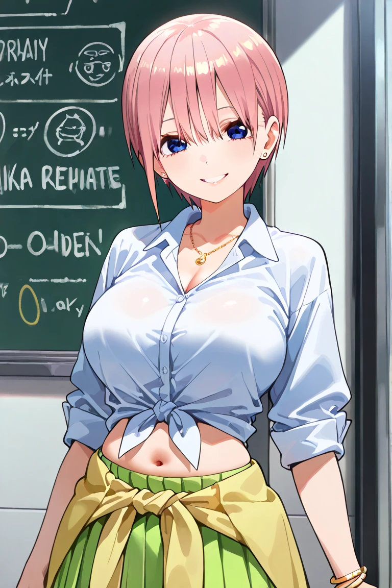 ichikanakano, ichika nakano, short hair, bangs, blue eyes, hair between eyes, pink hair, earrings,
BREAK (pantyhose,pink pleated skirt,gothic dress, cleavage,glasses and fake clothes:1.2)
(masterpiece:1.2), best quality, high resolution, unity 8k wallpaper, (illustration:0.8), (beautiful detailed eyes:1.6), extremely detailed face, perfect lighting, extremely detailed CG, (perfect hands, perfect anatomy),