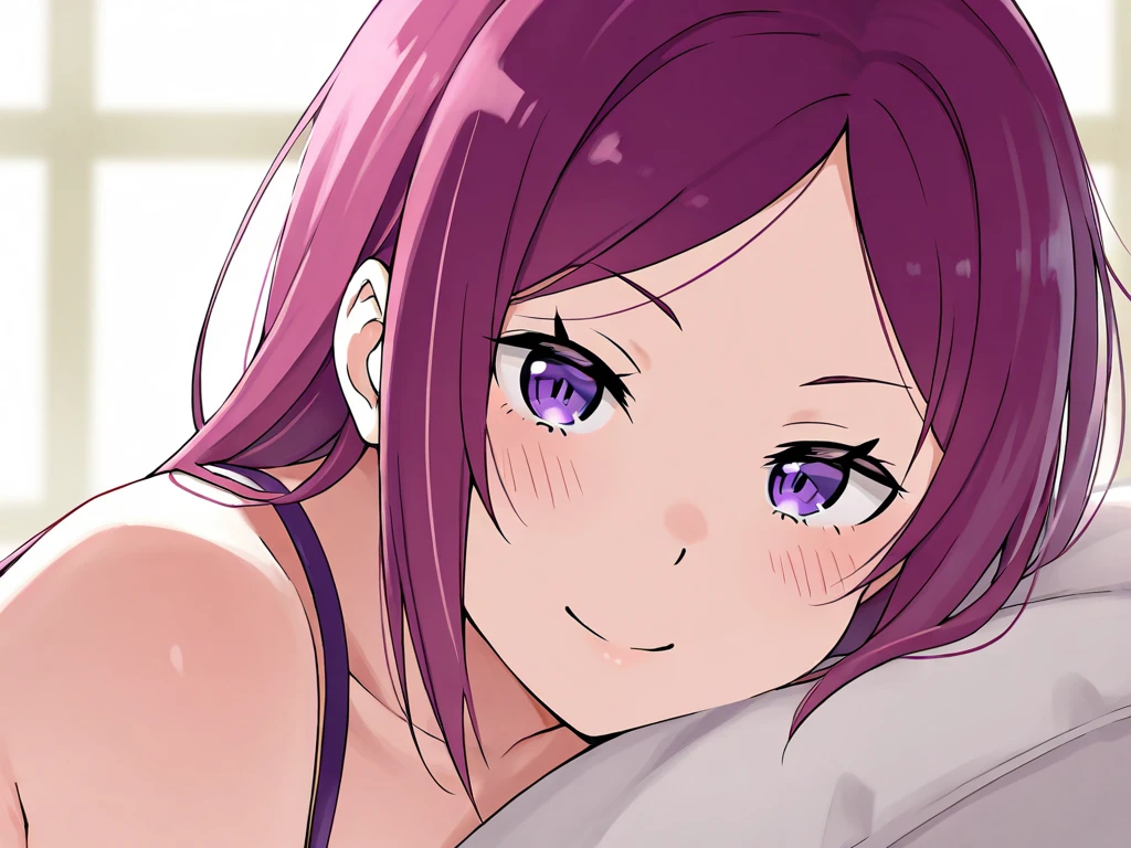 twin tails, pink hair, purple eyes, cute , lying in bed, In a white shirt, young, smiling