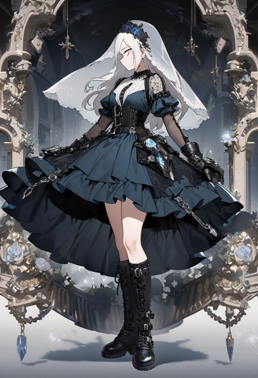 Tobiichi origami, an attractive young woman with an athletic body and enviable big breasts, 19 years old and 67kg, short silver hair/whites and blue eyes, wearing a long black and white gothic style dress made up of layers of 2 crystal yellow skirts and subtle jewel details, she is standing with black heels on her feet. on his head a long, wide-brimmed hat adorned with feathers and flowers and glasses on his face. Add a castle backdrop with the night sky and your whole body in anime style.