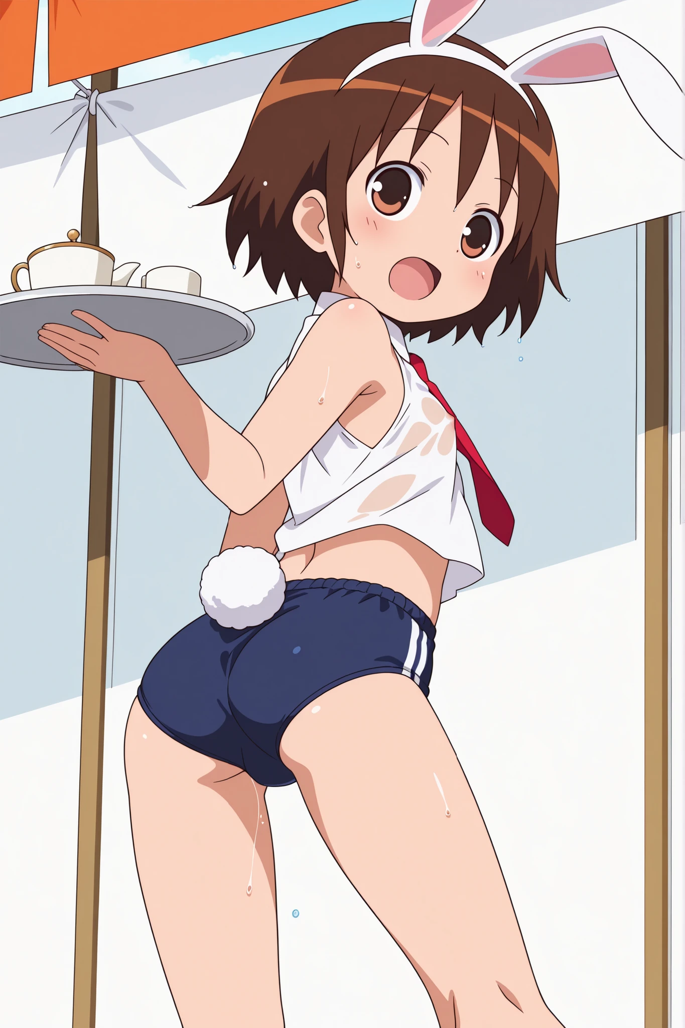 (((anime style))),score_9, score_8_up, score_7_up, source_anime,(((School Festival Cafe))),nsfw,
yasuna,1girl, ((solo)),((blue buruma)),((((white business shirt)))),((((sleeveless)))),((wet clothes)),nipple,red tie,((white sox)),brown loafers,((white Bunny's ears headband)),Bunny's Tail, (open mouth),(((crop top))),((((back shot)))),(((contrapposto))),((little butt)),(low angle),((Holding a silver tray)),
,(looking back),
,(looking at viewers)